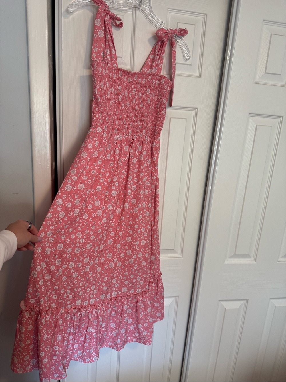 Amazon Pink Floral Smocked Maxi Dress with Tie Straps